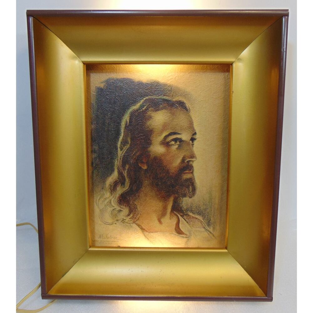 Jesus Picture Gold 1935 Metal Frame 12"X 15" Lighted Religion Christ God Vtg 3D